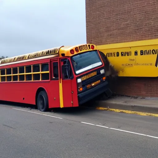 Prompt: School bus crashing into a building