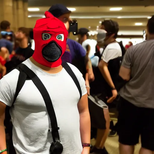 Image similar to a short stocky Italian man wearing a red ski mask over his face, with black goggles on his head, black t-shirt and light khaki cargo shorts, posing for a picture at anime matsuri convention