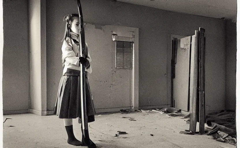 Prompt: School girl holding a katana and standing on an abandoned hospital room, by Robert Venosa