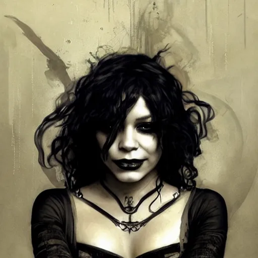 Image similar to beautiful portrait of vanessa hudgens as death from sandman, smiling, by cedric peyravernay, alphonse mucha, by jeremy mann, by lecouffe deharme, goth chic, soft lightning, eyeliner, punk rock, high detailed, 8 k