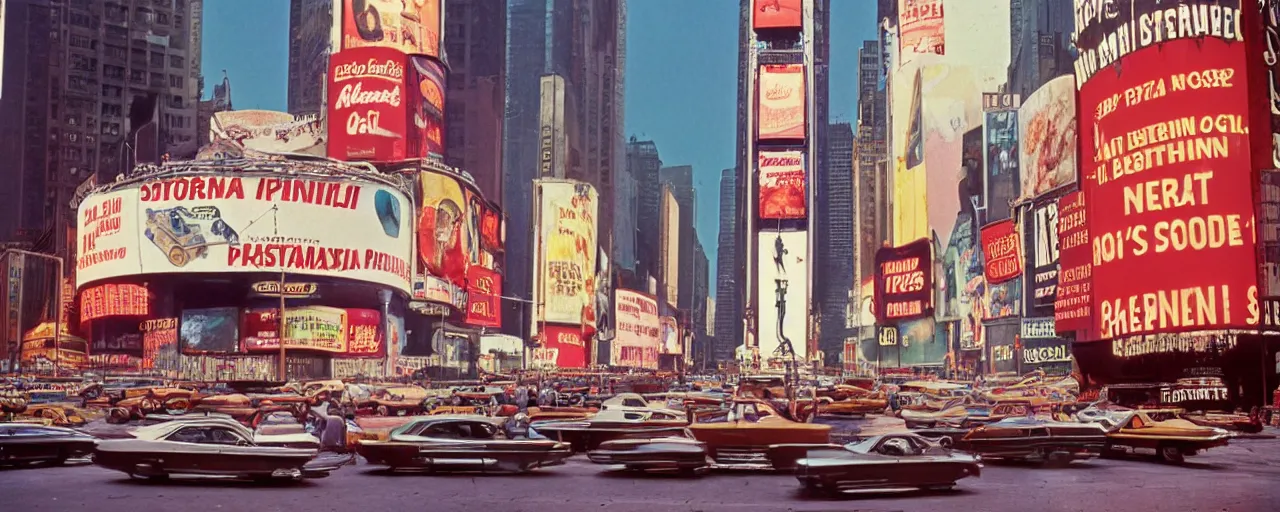 Image similar to wide shot of spaghetti advertisements in time square, 1 9 7 0's, fine detail, kodachrome, neon signs,