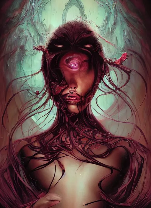 Prompt: a dream portrait of a gorgeous succubus stealing a soul, beautiful, terrifying, melting, webbing, 8 k, by tristan eaton, stanley artgerm, tom bagshaw, greg rutkowski, carne griffiths, ayami kojima, beksinski, giger, trending on deviantart, face enhance, hyper detailed, minimalist, horror, full colour