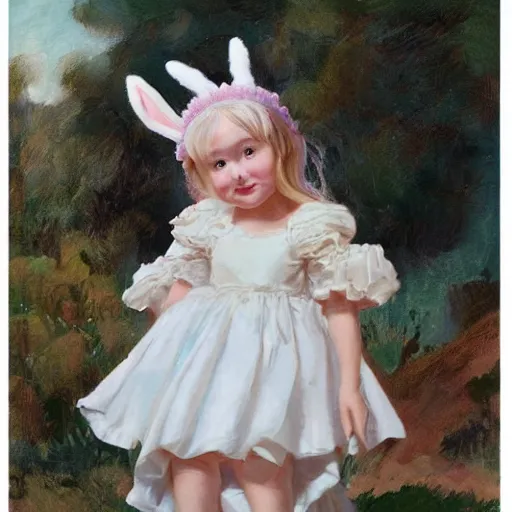 Image similar to A cute young girl with white ruffled dress and bunny ears standing straight by Claire Keane, Marc Davis, James Baxter and Mark Henn, hyperdetailed, photorealistic