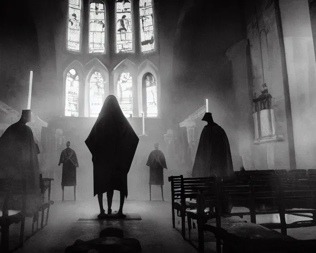 Image similar to a cultist ceremony, cultists with robes and masks, church interior, satanic church interior, the fog. horror lighting, found footage