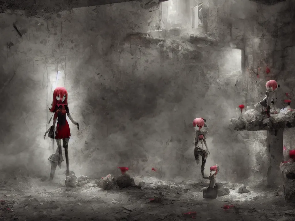 Image similar to cute fumo plush girl ghosts playing in a mysterious concrete wartorn brutalist ruin infected by strands of red parasitic fungus, chibi gothic maiden in tattered rags, dramatic three point lighting, glowing wisps of hazy smoke and volumetric fog swirling about, vray