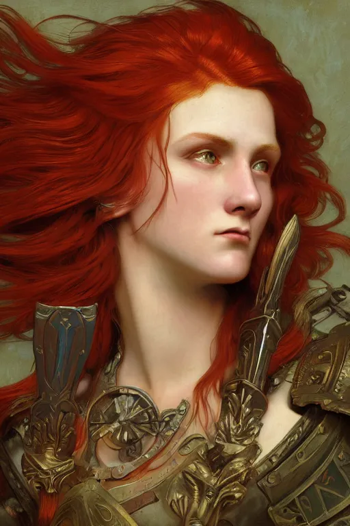 Image similar to face matte portrait of a red haired valkyry in a heroic pose and wearing thick bronze plate armo art by albert bierstadt, alphonse mucha, andreas rocha, greg rutkowski, sharp edges. ultra clear detailed. 8 k. elegant. octane render