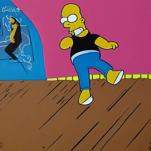 Prompt: a painting in the style of my dark beautiful twisted fantasy about homer simpson breakdancing, high quality