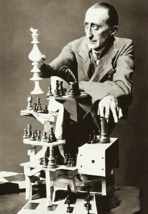 Image similar to marcel duchamp holding up a chess - piece wire - machine, a surrealist painting by marcel duchamp, complex artificial - intelligence machinery, flickr contest winner, studio portrait, 1 9 2 0 s