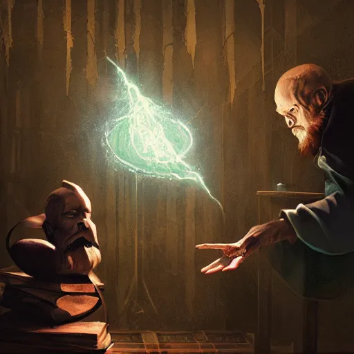 Image similar to a beautiful panting of a dark blind wizard casting a spell, alchemist lab, hyperrealistic, cinematic atmosphere, epic, artstation, moebius