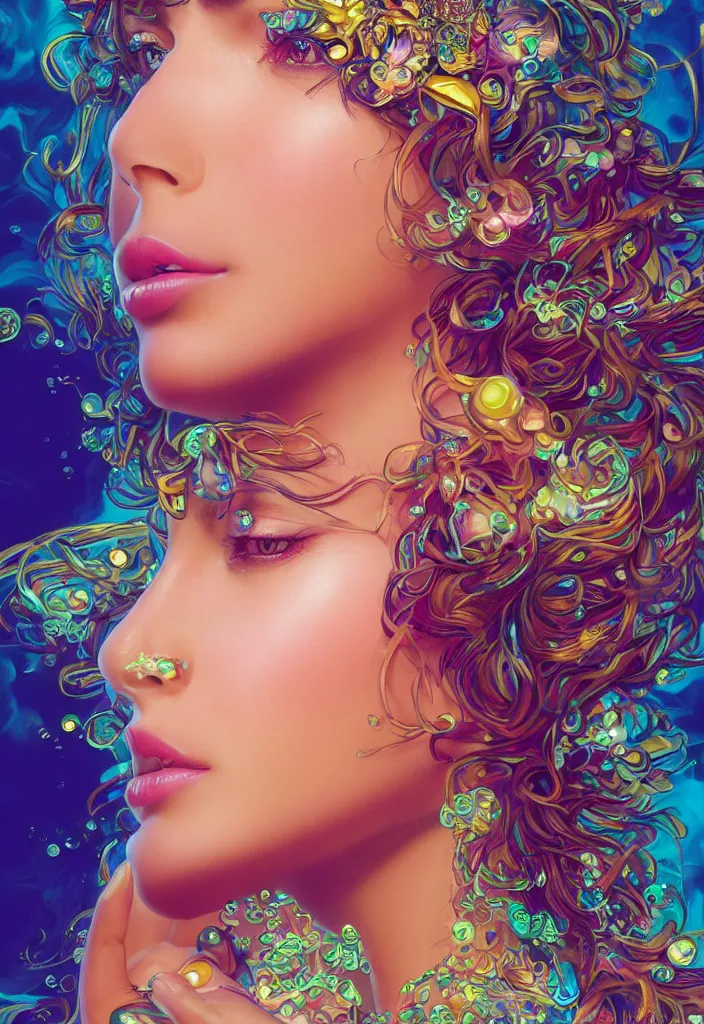 Image similar to beautiful, young woman, detailed gorgeous face, vaporwave aesthetic, synthwave, colorful, psychedelic, crown, water drops and feathers, artstation, concept art, smooth, extremely sharp detail, finely tuned detail, ultra high definition, 8 k, unreal engine 5, ultra sharp focus, illustration, art by artgerm and greg rutkowski and alphonse mucha