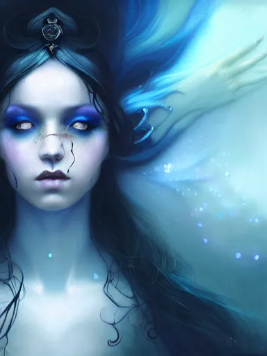 Image similar to dark sorceress with blue skin by james jean, charlie bowater, tom bagshaw, nikolay makovsky, melanie delon : : enchanting, ethereal, magical, glowing, sparkle, prismatic, portrait, character design, illustration, hyperrealism, photorealism, digital art, concept art, dark fantasy, whimsy, weta, wlop, artstation