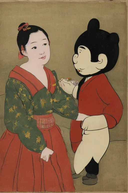 Prompt: portrait of a girl giving a peach to a large anthropomorphic asian black bear, in the style of booth franklin