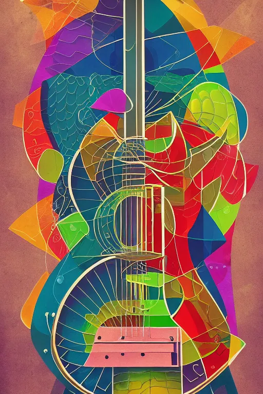 Prompt: Guitar, notes, architectures blend with organic shapes, Pop Surrealism, Essence of street forms, Geometric structures and multicolored prints, High Detail, Symmetry, Poster