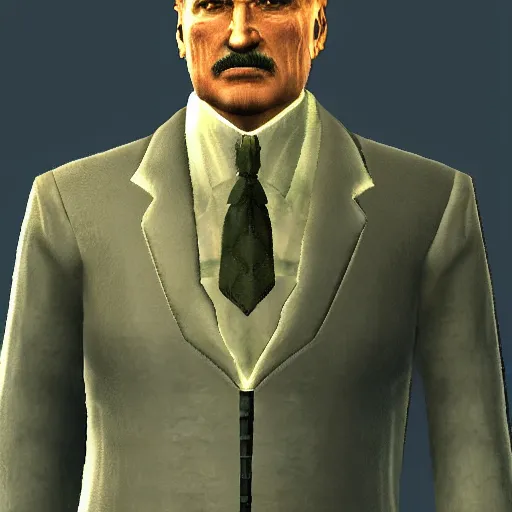 Image similar to Alexander Lukashenko wearing a suit and tie in Balmora in Elder Scrolls III: Morrowind, outdated 2002 Morrowind graphics, low definition, lowpoly