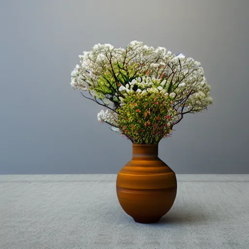 Image similar to a photo of 8k Ikebana in flower vase, full body, wide angle, sony a7r3, ultra detail, photorealistic, in simple background