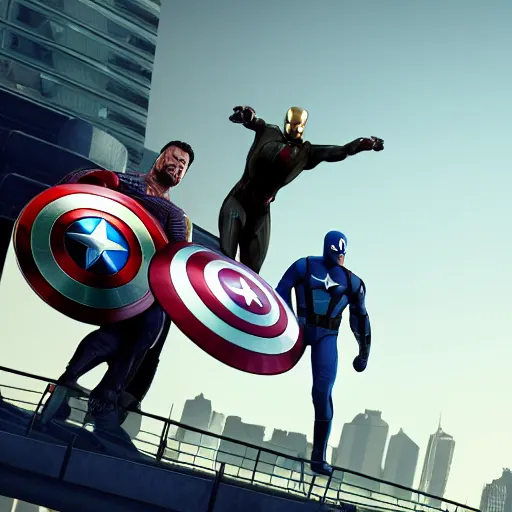 Image similar to The avengers, gta artstyle, macro, wide shot, dramatic lighting, octane render, hyperrealistic, HD