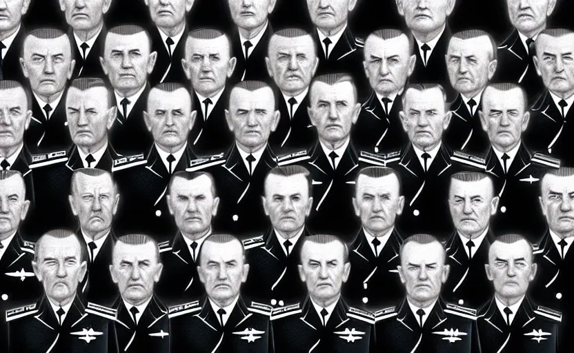 Image similar to 50s movie still full lenght portrait of very diverse soviet generals with very detailed faces, by Alexei Guerman , Cinestill 800t 35mm black and white, heavy grainy picture, very detailed, high quality, 4k, HD criterion, precise texture, diversity of faces