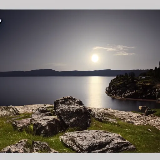 Image similar to lake of constance at night on a rocky beach with stars above and a full moon. photo trending on artstation