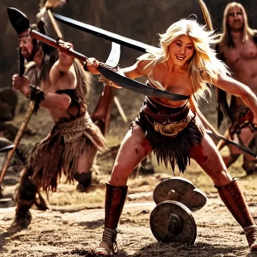 Prompt: julianne hough as a barbarian warrior, battle scene