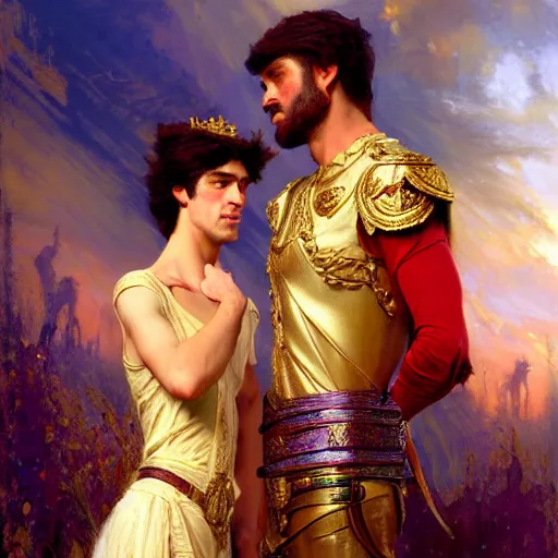 Image similar to attractive fully clothed king confesses his love for his attractive fully clothed male prince. highly detailed painting by gaston bussiere, craig mullins, daniel f. gerhartz, j. c. leyendecker 8 k