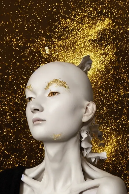 Image similar to full head and shoulders, beautiful porcelain female person, smooth, delicate facial features, white detailed eyes, white lashes, 3 d white anatomical bones, large electrical gold sparks, gold leaf and glowing lightening, by daniel arsham and james jean