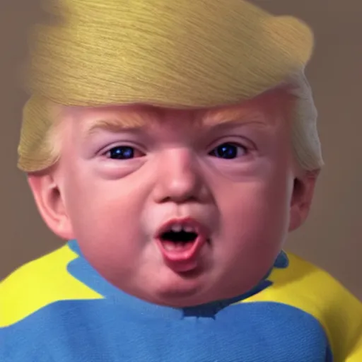 Image similar to donald trump dressed as a baby, hyper realistic, 4k