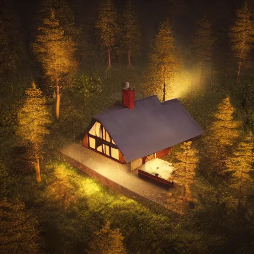 Image similar to cottage in clearing surrounded by trees, it is night, the windows are lit, concept art, aerial view, low fantasy