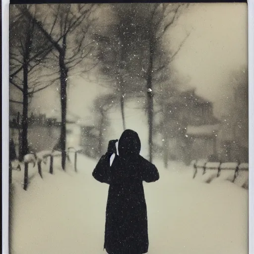 Prompt: polaroid of a young japanese woman on a snowy night