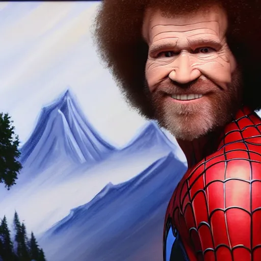 Image similar to a closeup photorealistic photograph of bob ross working on a canvas painting of spiderman. film still. brightly lit scene. mountains and trees. this 4 k hd image is trending on artstation, featured on behance, well - rendered, extra crisp, features intricate detail, epic composition and the style of unreal engine.