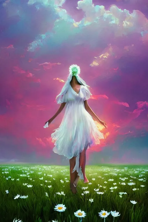 Image similar to giant white daisy flower as head, veiled girl dancing in a flower field, surreal photography, sunrise, dramatic light, impressionist painting, colorful clouds, digital painting, artstation, simon stalenhag