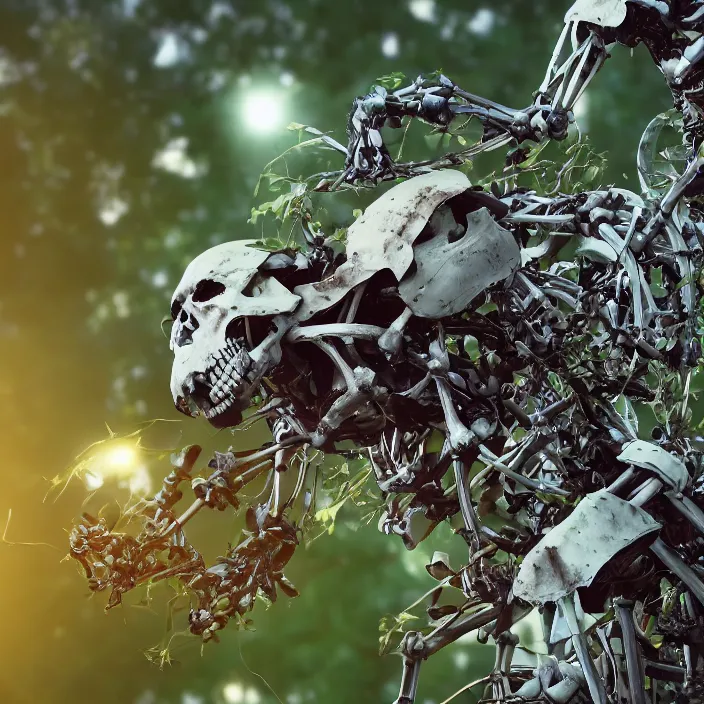 Image similar to overgrown foliage over a full - robot skeleton on the ground, close - up, 3 5 mm, f 1. 8, bokeh, beautiful, lens flare, emotional, sweet, flowers, detailed, picture, trending on artstation, award - winning, shiny, golden