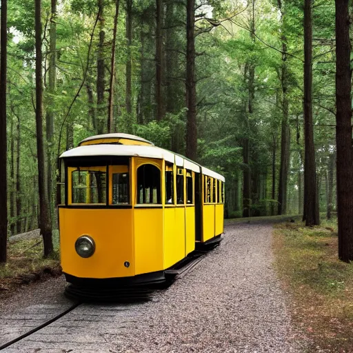 Image similar to Yellow oldschool Tram in a forest, 8k UHD, high quality, studio photo,