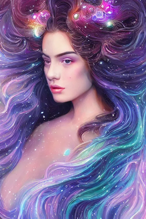 Image similar to one beautiful young woman's face, magical, space stars and planets in her hair, windblown, intricate, synth-wave, retrowave, highly-detailed, elegant, dramatic lighting, gorgeous face, lifelike, photorealistic face, long luxurious intricate gown, digital painting, artstation, illustration, concept art, smooth, sharp focus, art by John Collier, artgerm, and Albert Aublet and Krenz Cushart and Artem Demura and Alphonse Mucha