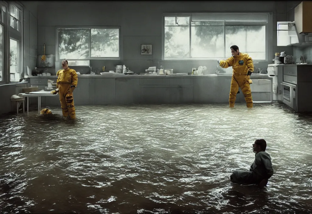Image similar to kodak portra 4 0 0 photographic and realistic, 7 0's kitchen, detailed, octane render, unreal engine, 4 k, artstation, hyper realistic, wide angle, floor flooded, how a river, a man with space suit, objects that float, 3 5 mm, sharp focus, soft light, volumetric light fog, art by gregory crewdson