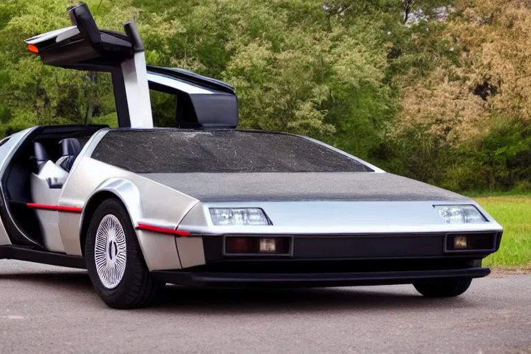 Image similar to a single delorean and tesla roadster hybrid, dslr