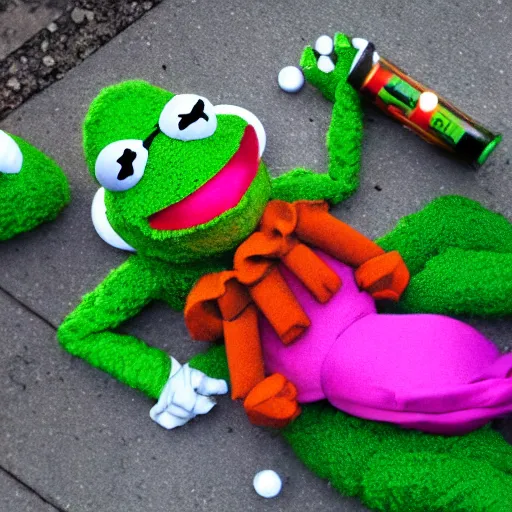 Image similar to artstation, pixel art, kermit the frog fighting a clown on the sidewalk, a clown is beat up on the floor by big kermit