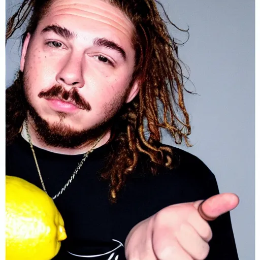 Prompt: post malone, with a lemon for a face, portrait photo