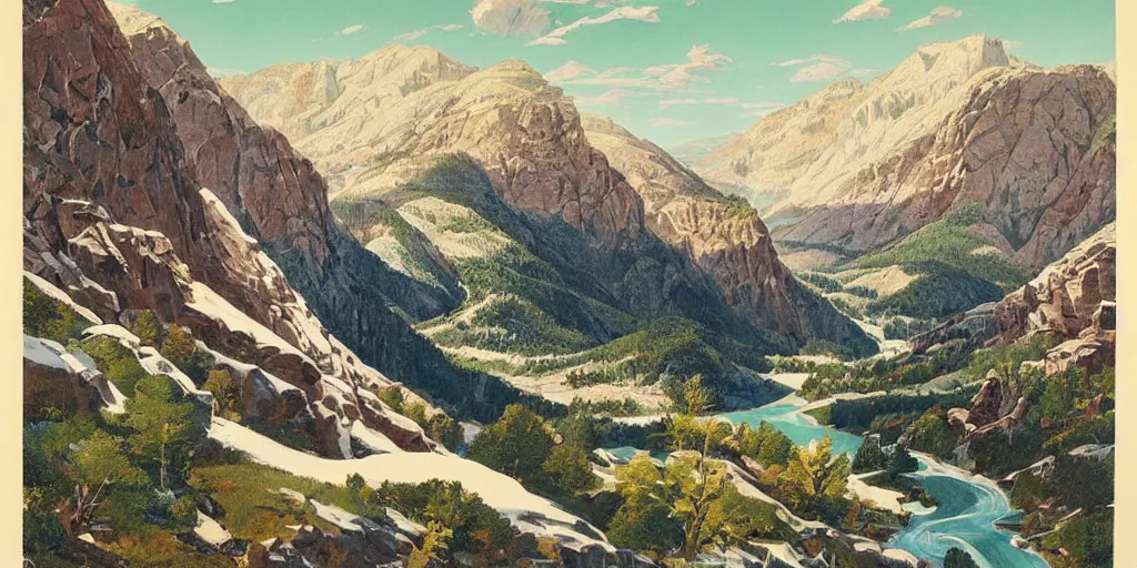 Image similar to beautiful!!!!!!!!!!!! idyllic poster illustration for a craggy ice snow valley canyon national park by ludwig hohlwein, ludwig hohlwein!!!!!!!!!!