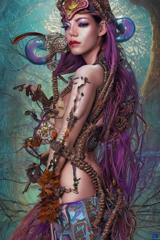 Image similar to cyberpunk aztec goddess in a zen rock garden, by Peter Kemp, by Artgerm, autumn, glamorous hairstyle, vermont fall colors, wearing translucent earthtone fashion, sad, Autumn, art nouveau by Brian Froud, frozen tear, berries, by Alphonse Mucha, highly detailed concept painting with cinematic lighting, trending on art station