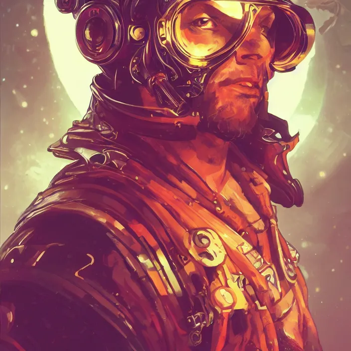 Image similar to a head and shoulders portrait of a space pirate, neon, retro, steampunk, smooth, sharp focus, artstation, concept art by Rutkowski and Mucha and sky sewa
