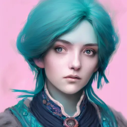 Image similar to teal haired mage bust portrait, female, glacier landscape, norway, d & d, fantasy, intricate, elegant, highly detailed, digital painting, pink and teal color palette, artstation, octane render, concept art, matte, sharp focus, illustration, herrarthstone, art by artgerm and greg rutkowski and alphonse mucha