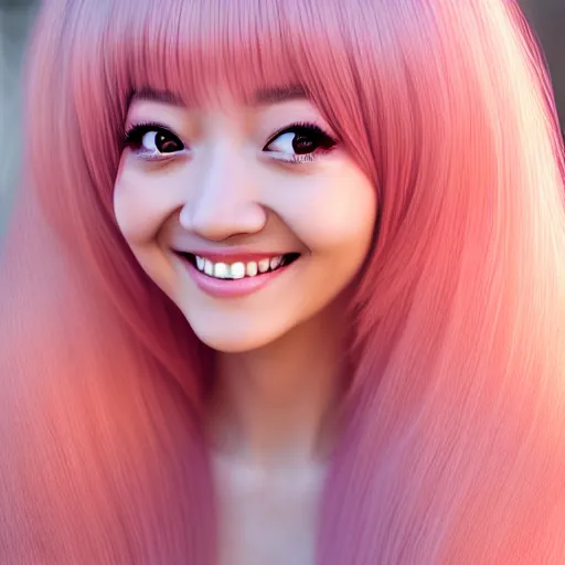 Image similar to beautiful hyperrealism selfie of nikki from shining nikki, a cute 3 d young woman smiling sofly, long light pink hair and full bangs, flushed face, small heart - shaped face, amber eyes, chinese heritage, golden hour, 8 k, instagram