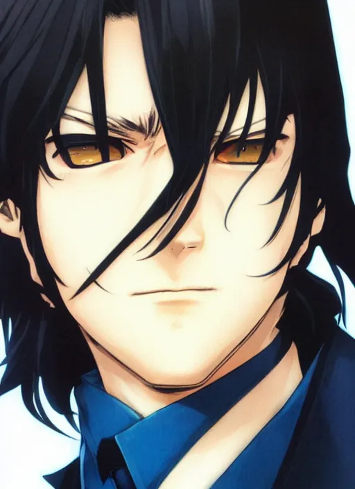 Image similar to portrait illustration by shigenori soejima, handsome male vampire, focus on face, pretty, long black hair, dark blue shirt, light brown trenchcoat