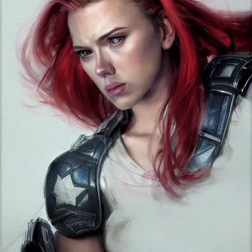 Image similar to captain america as an attractive young smiling woman played by by scarlett johansson wearing heavy armour, face portrait, athletic strong body, hd shot, digital portrait, elegant, beautiful, fantasy art, artstation, comic style, by artgerm, guy denning, jakub rozalski, magali villeneuve and charlie bowater