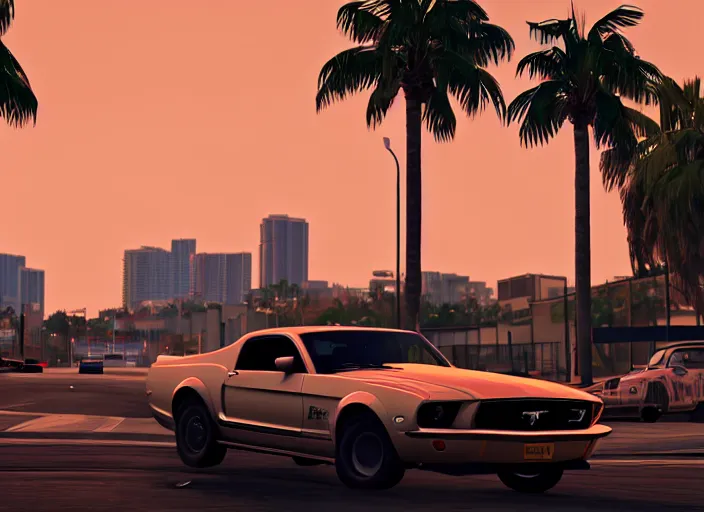 Image similar to still next - gen ps 5 game grand theft auto 6 2 0 2 4 remaster, graphics mods, rain, red sunset, people, rtx reflections, gta vi, miami, palms and miami buildings, photorealistic screenshot, unreal engine, 4 k, 5 0 mm bokeh, close - up ford mustang, gta vice city remastered, artstation