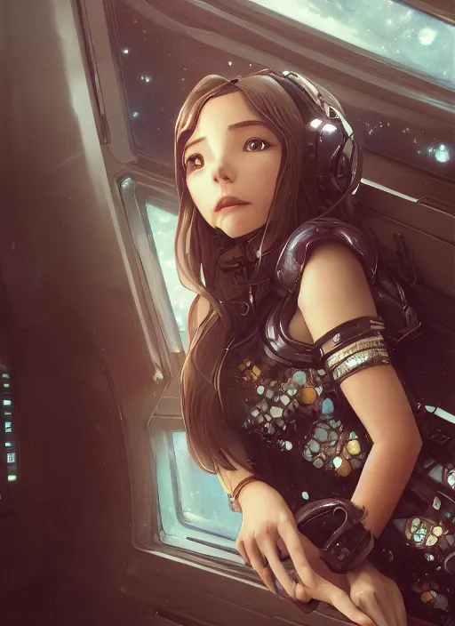 Image similar to woman sitting on a spaceship window, beautiful detailed dress, close - up portrait composition, highly detailed face, smiling, by artgerm, by wlop, by greg rutkowski, anime style, octane render