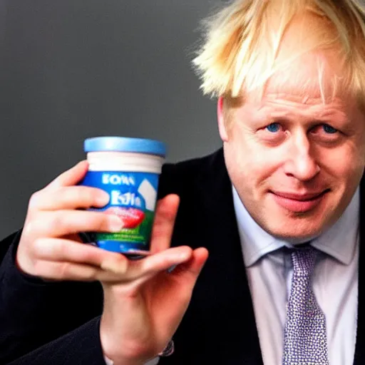 Prompt: boris johnson sat in a fridge eating jam with his fingers