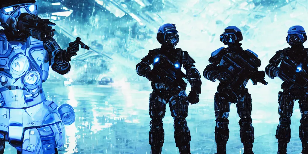 Image similar to A detailed sketch of two soldiers with blue laser rifles wearing black power armour with blue sprites and full helmets with blue visors, night, rain, water drops on the lense, a complicated chrome-plated spaceship with blue lights in the background, realistic 4k octane beautifully detailed render, 4k post-processing, highly detailed, intricate complexity, epic composition, magical atmosphere, cinematic lighting, masterpiece, ultra hd