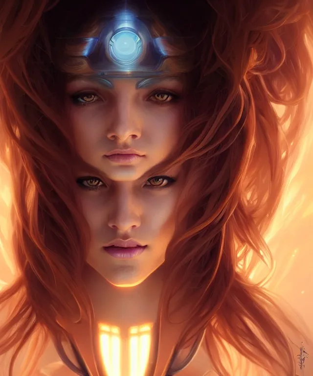 Image similar to futuristic woman portrait, sci-fi, amber eyes, face, long hair, fantasy, intricate, elegant, highly detailed, digital painting, artstation, concept art, smooth, sharp focus, illustration, art by artgerm and greg rutkowski and alphonse mucha