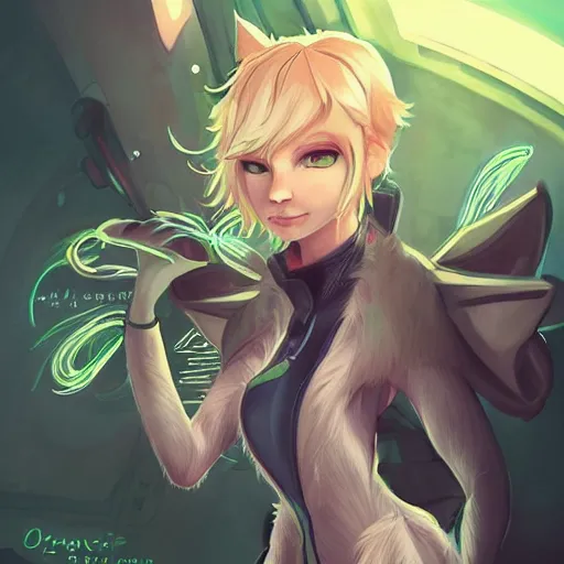 Prompt: beautiful portrait commission of a cute female furry anthro Canadian Lynx fursona casual clothes in a futuristic mechanical laboratory. blonde hair. Green Eyes. character design by charlie bowater, ross tran, artgerm, and makoto shinkai, detailed, inked, western comic book art